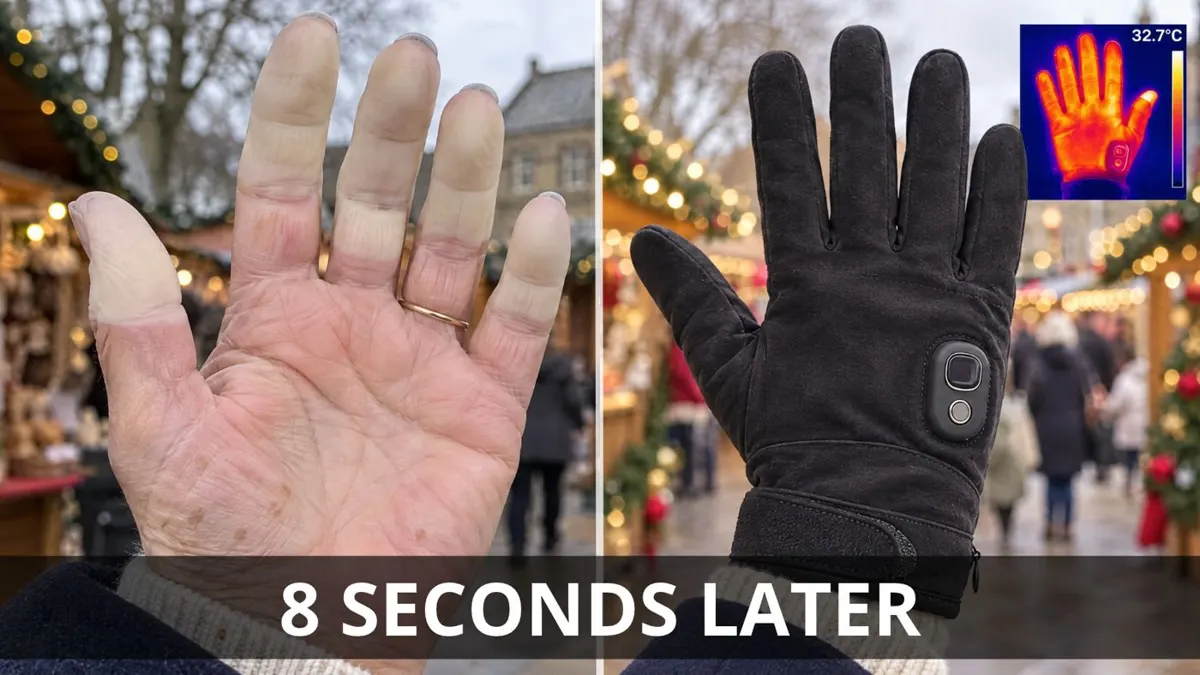 Cold, pale fingers next to a warm hand in a HeatGrip glove 8 seconds later