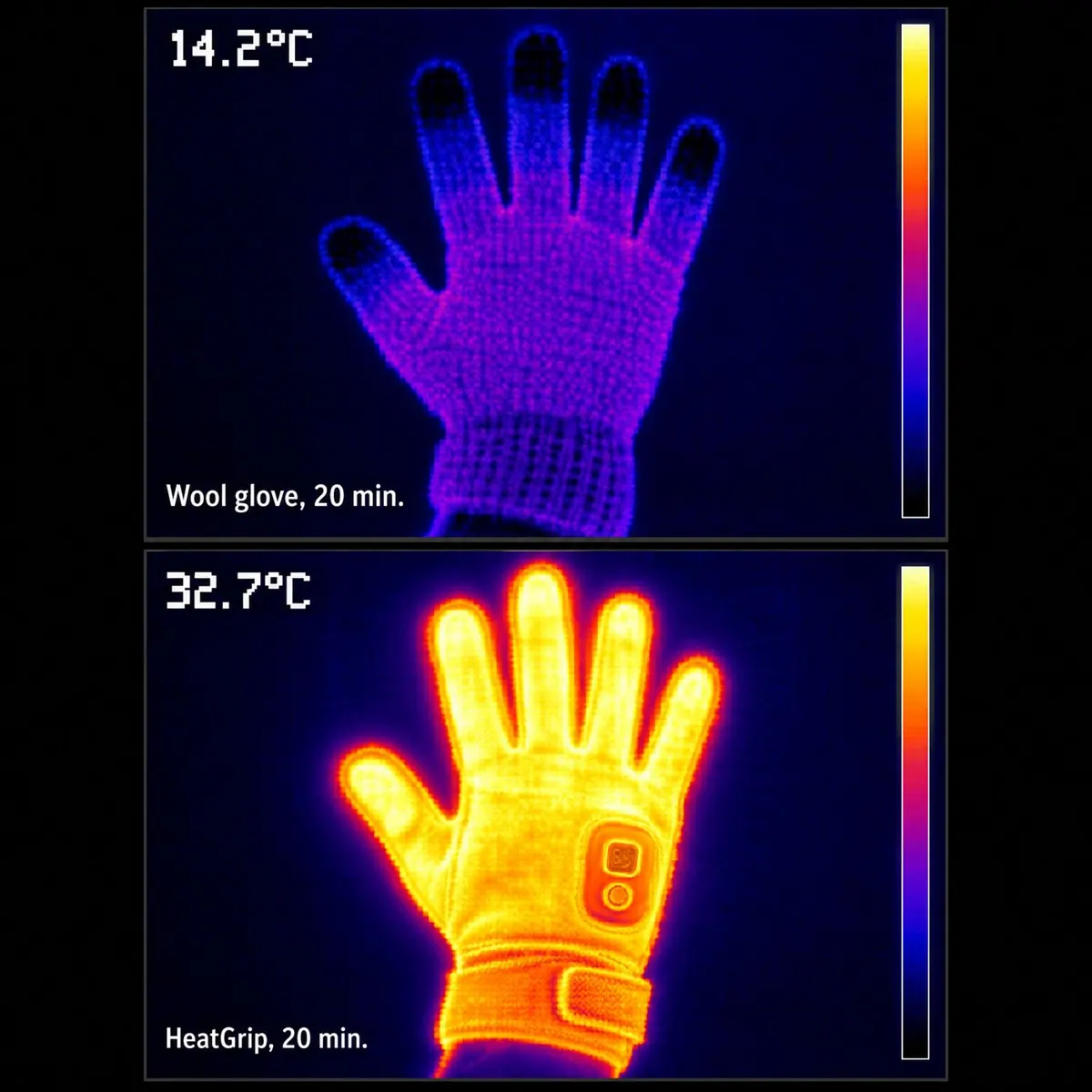 Thermal comparison: wool glove at 14.2°C vs HeatGrip at 32.7°C