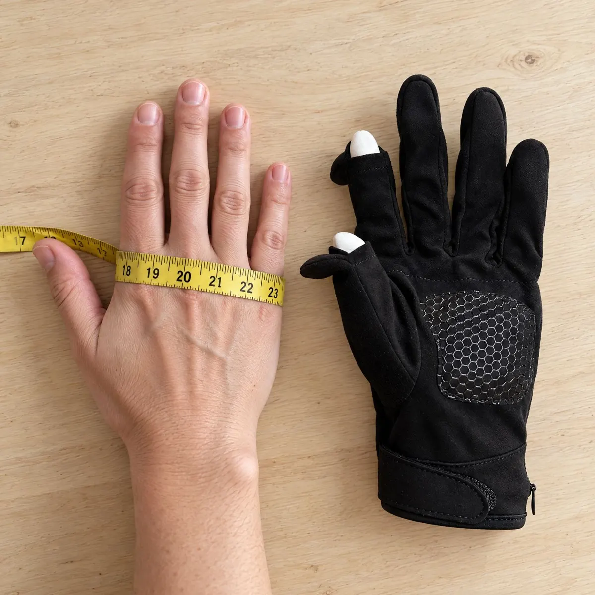 Measuring palm width with a tape measure next to a HeatGrip glove