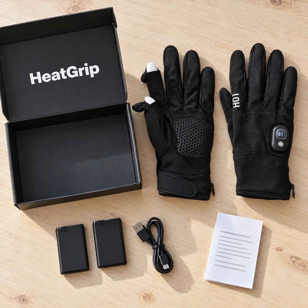What's in the HeatGrip box: gloves, two batteries and a USB cable
