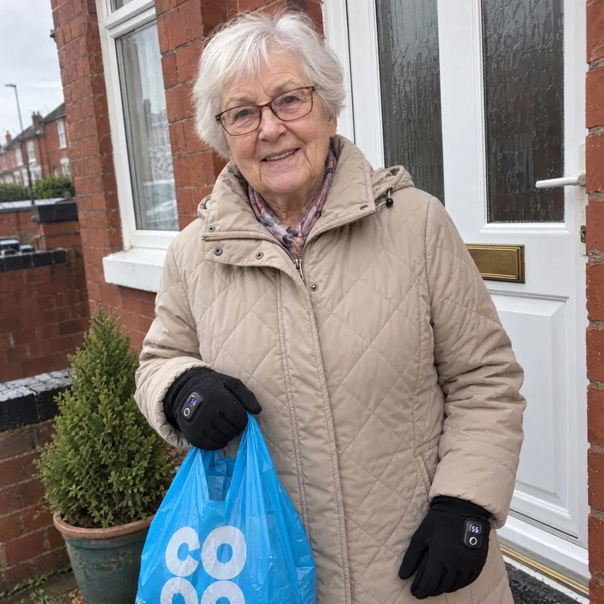 Older woman wearing HeatGrip heated gloves, a popular gift for parents and grandparents