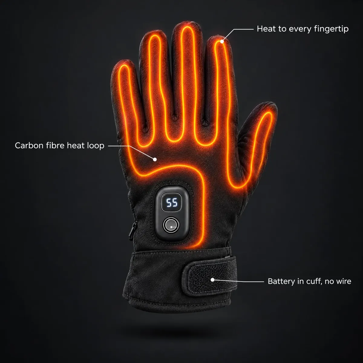 Diagram of HeatGrip carbon fibre heat loop reaching every fingertip